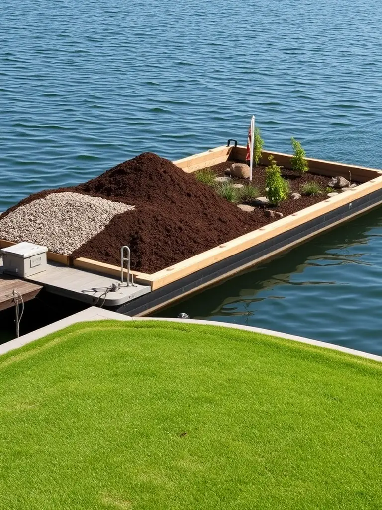 A barge filled with landscaping materials, such as soil, gravel, and plants, being unloaded at a waterfront property in Eastern Ontario, with a well-manicured lawn in the foreground.