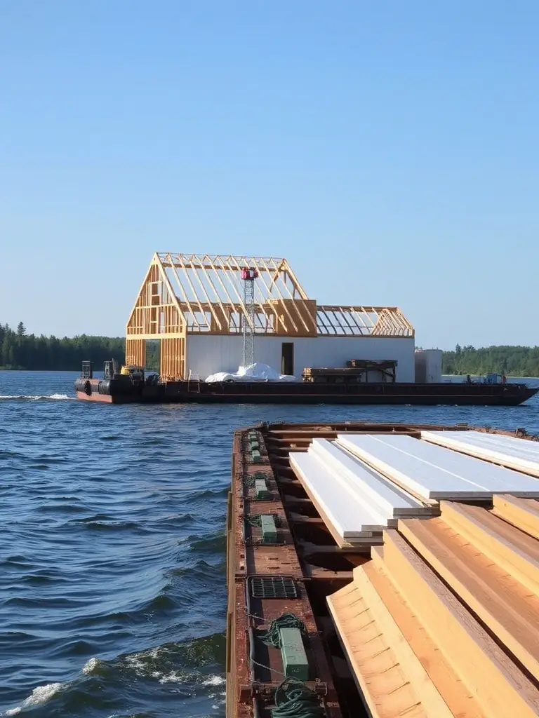 A barge transporting prefabricated building components, such as wall panels and roof trusses, across a lake in Eastern Ontario, with a partially constructed building visible in the distance.