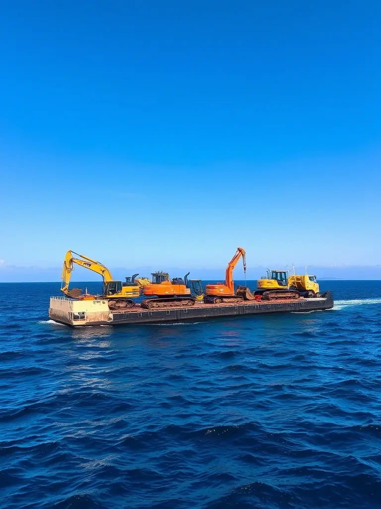 A barge transporting heavy machinery, such as excavators and bulldozers, to an island construction site, demonstrating the company's ability to handle heavy equipment transport.