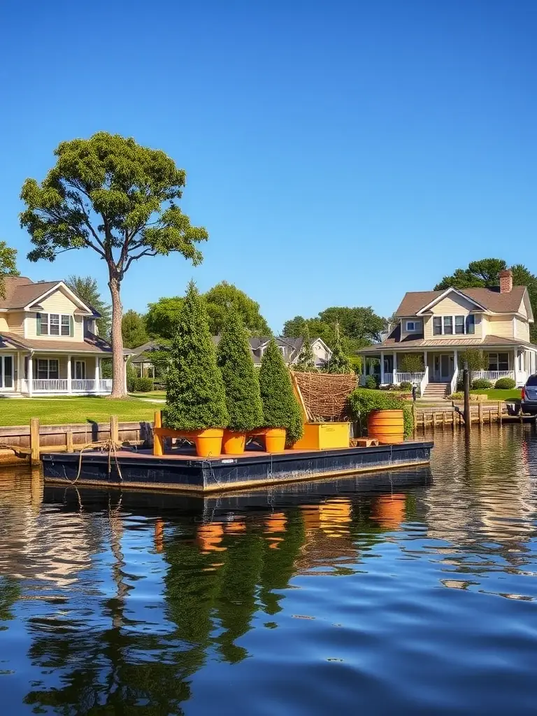 A barge carrying large trees and landscaping equipment approaching a waterfront property with a newly landscaped garden, showcasing the ease of transporting bulky landscaping materials.