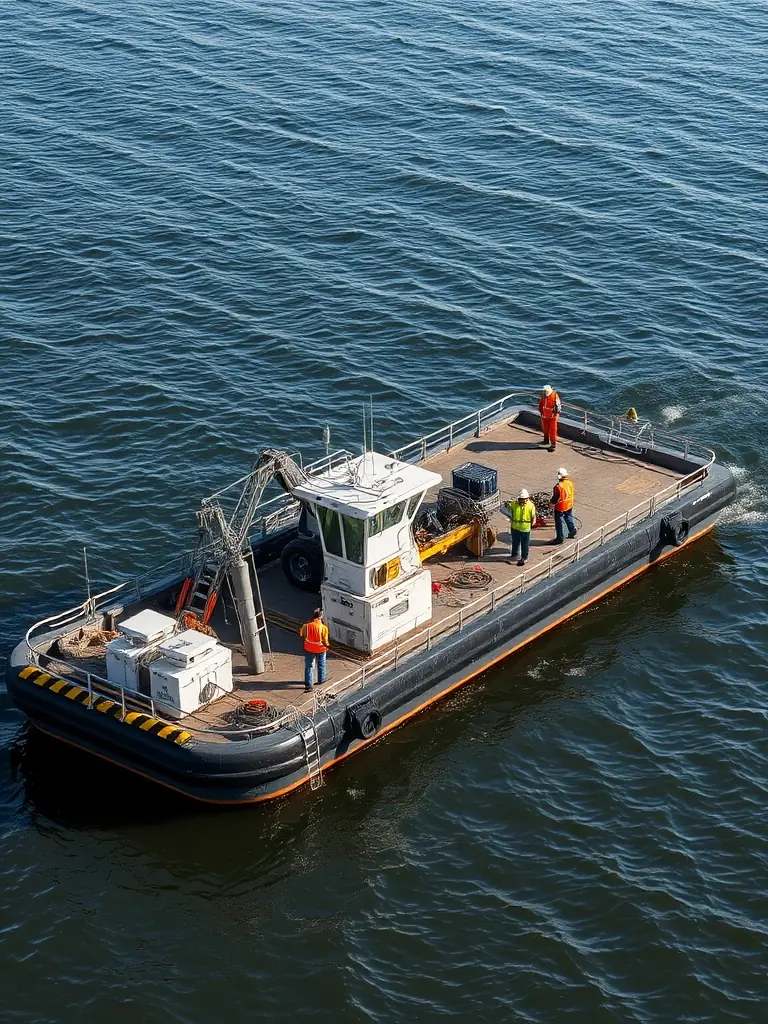 A barge equipped with specialized equipment for environmental remediation, working on a shoreline restoration project, highlighting the company's commitment to environmental stewardship.