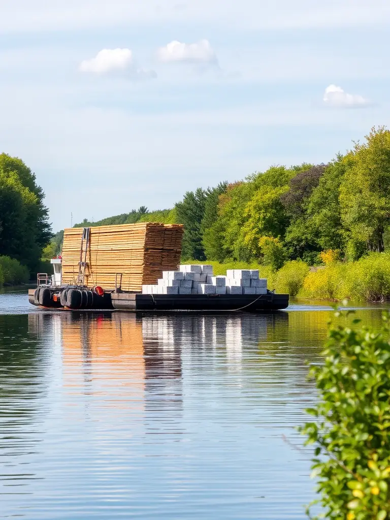 A barge loaded with construction materials, such as lumber and concrete blocks, being transported across a calm waterway in Eastern Ontario, with lush greenery visible on the shoreline.