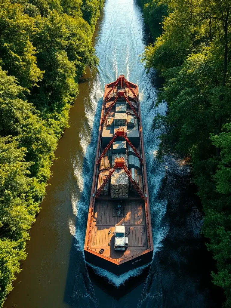 A high-angle shot of a barge loaded with construction materials, navigating a narrow channel in the Thousand Islands, with lush greenery on either side, illustrating the challenge of accessing remote construction sites.