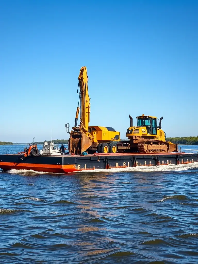 A barge carrying heavy machinery, such as an excavator or bulldozer, navigating a river in Eastern Ontario, with a clear blue sky in the background.